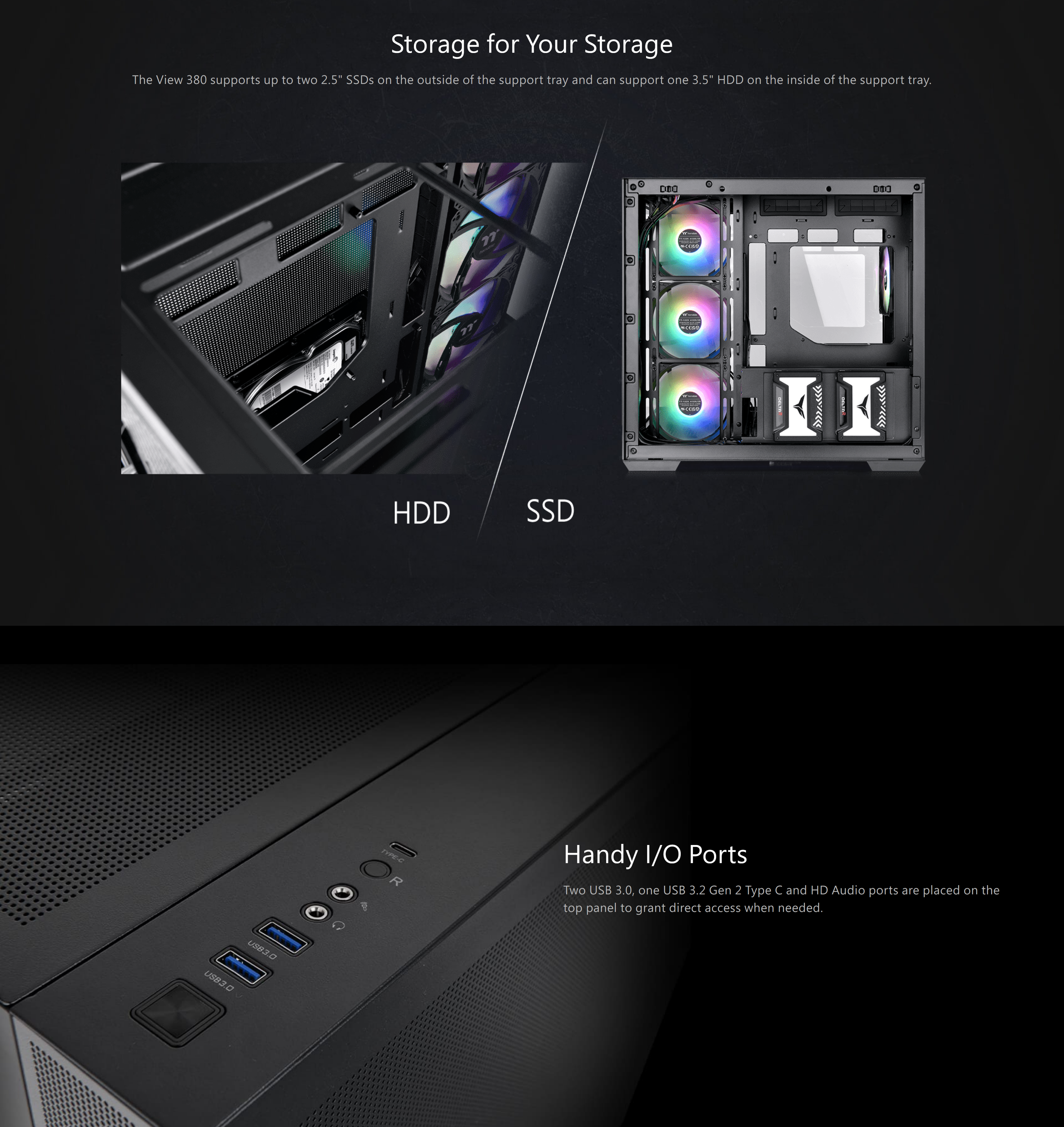 A large marketing image providing additional information about the product Thermaltake View 380 TG - Mid Tower Case (Black) - Additional alt info not provided